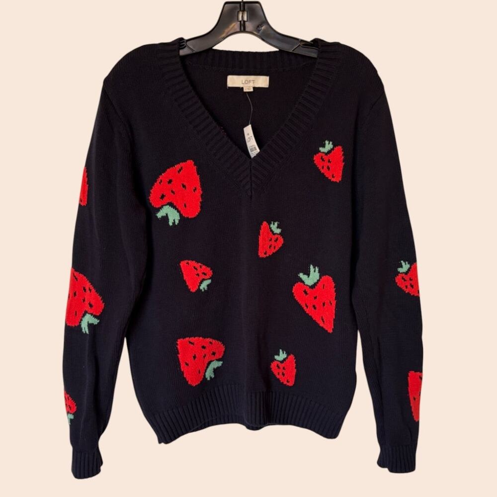 Loft NWT Strawberries Cotton V-Neck Pullover Sweater Cottagecore Preppy size L